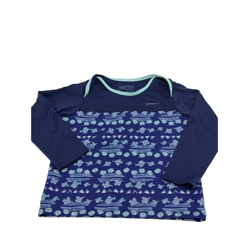 Patagonia Long Sleeve Rash Guard Swim Shirt Toddler 2T Navy Blue Fish Waves